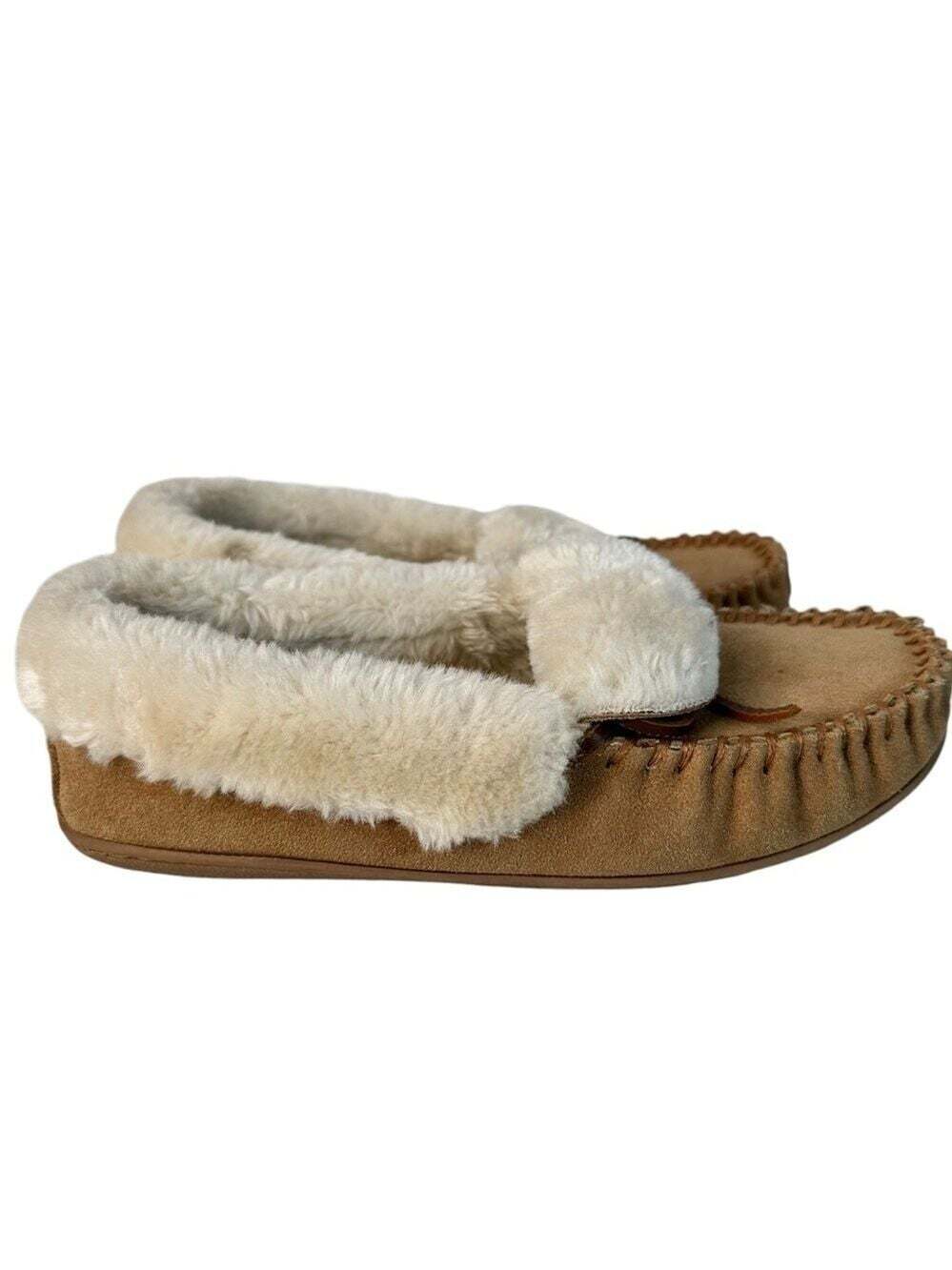 Minnetonka Sheepskin Slippers 40641 Size 8 Faux Fur Tan Hard Sole Native Cozy